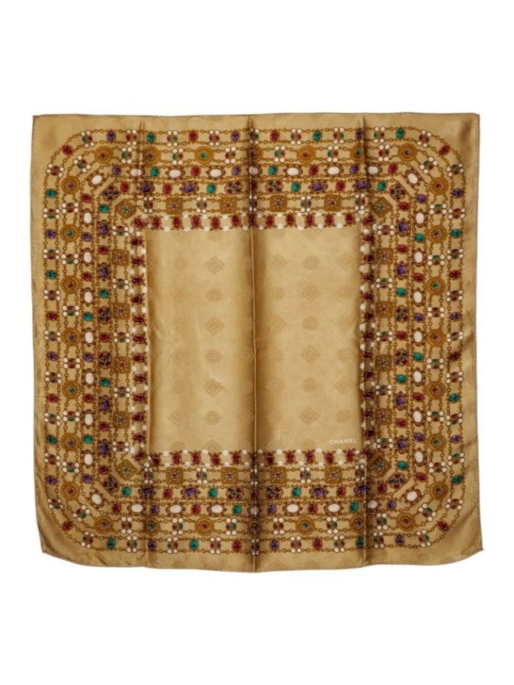 Chanel Gripoix Pattern Scarf Large Gold Multicolor Silk